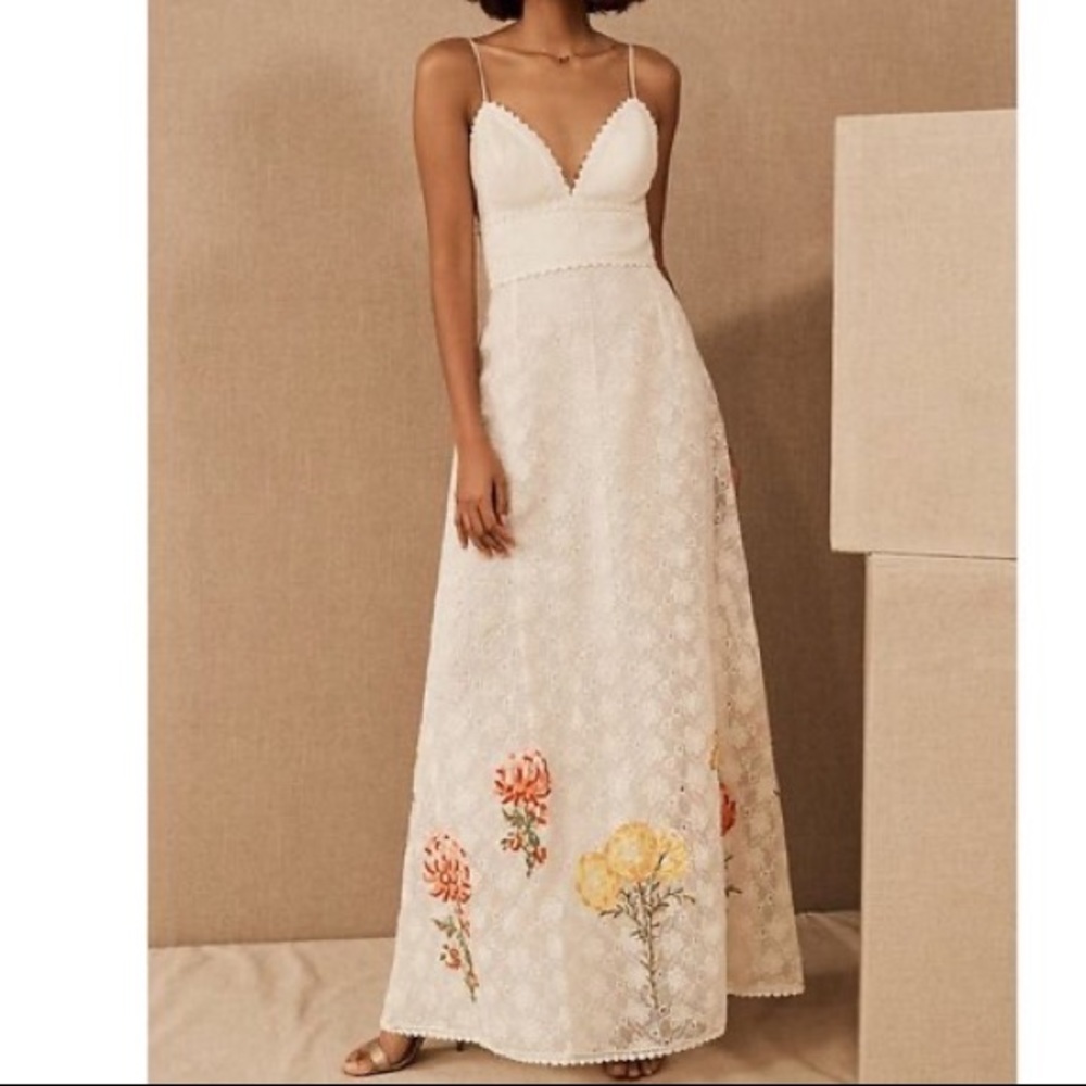BHLDN Cream Lace Spaghetti-Strap Wedding Dress with Floral Embroidery